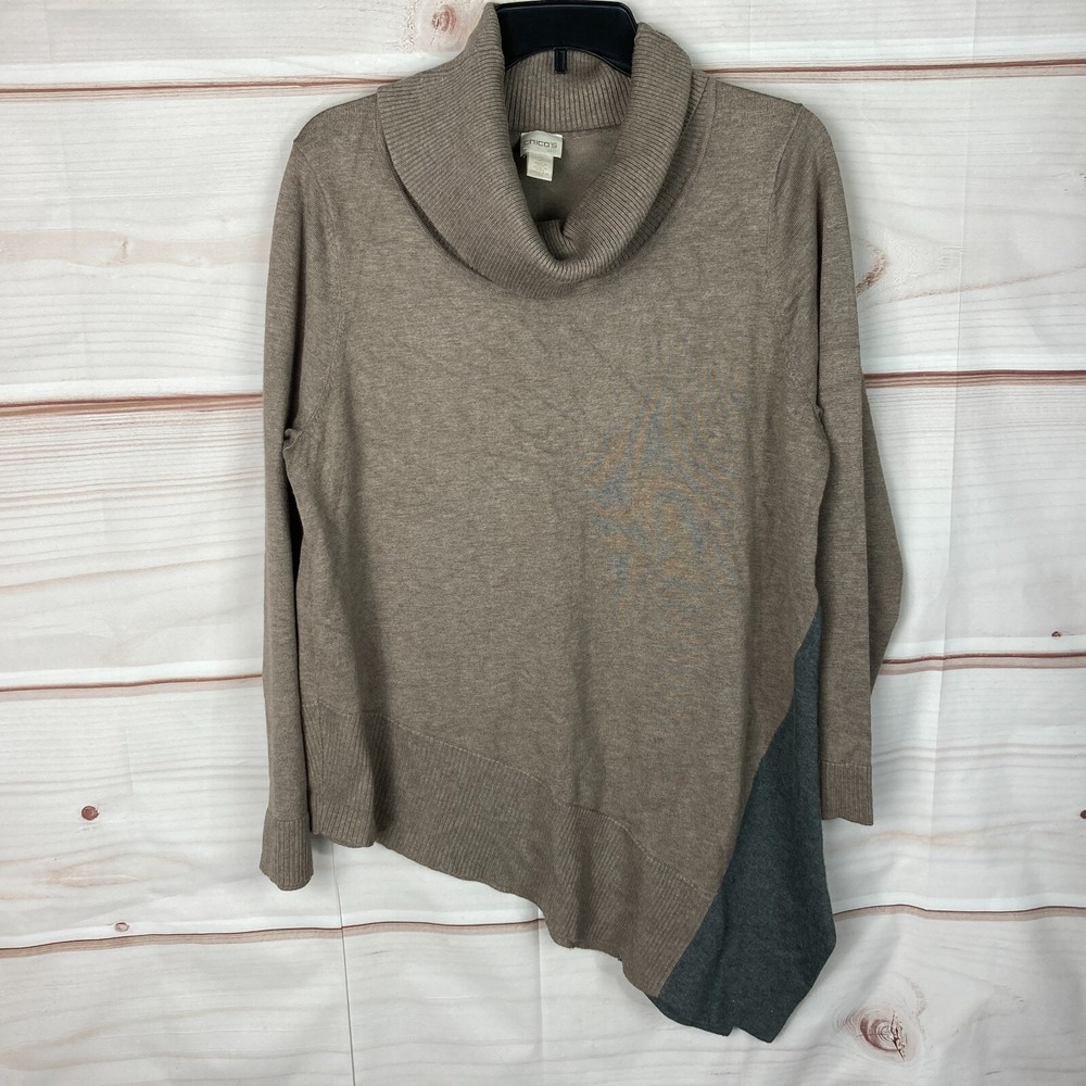 Chicos Sweater Womens 2 L Brown Gray Turtleneck Tunic Pullover Colorblock Knit